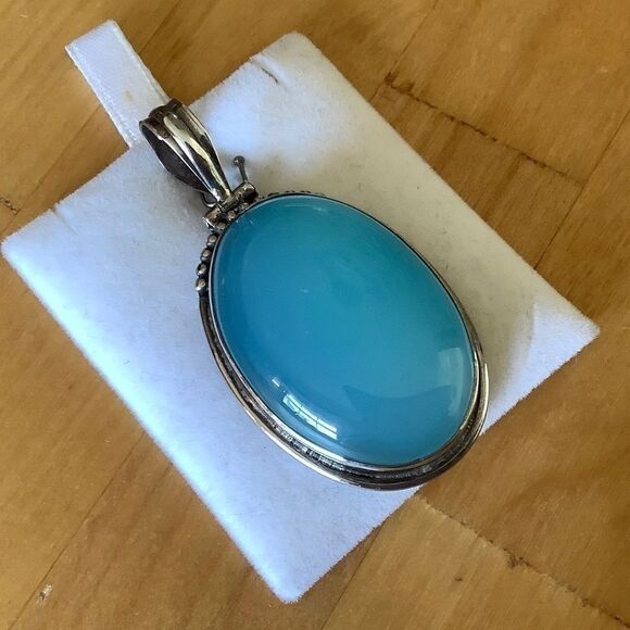 Sterling SILVER 925 BLUE CHALCEDON LARGE OVAL PENDANT​​ - Picture 3 of 9